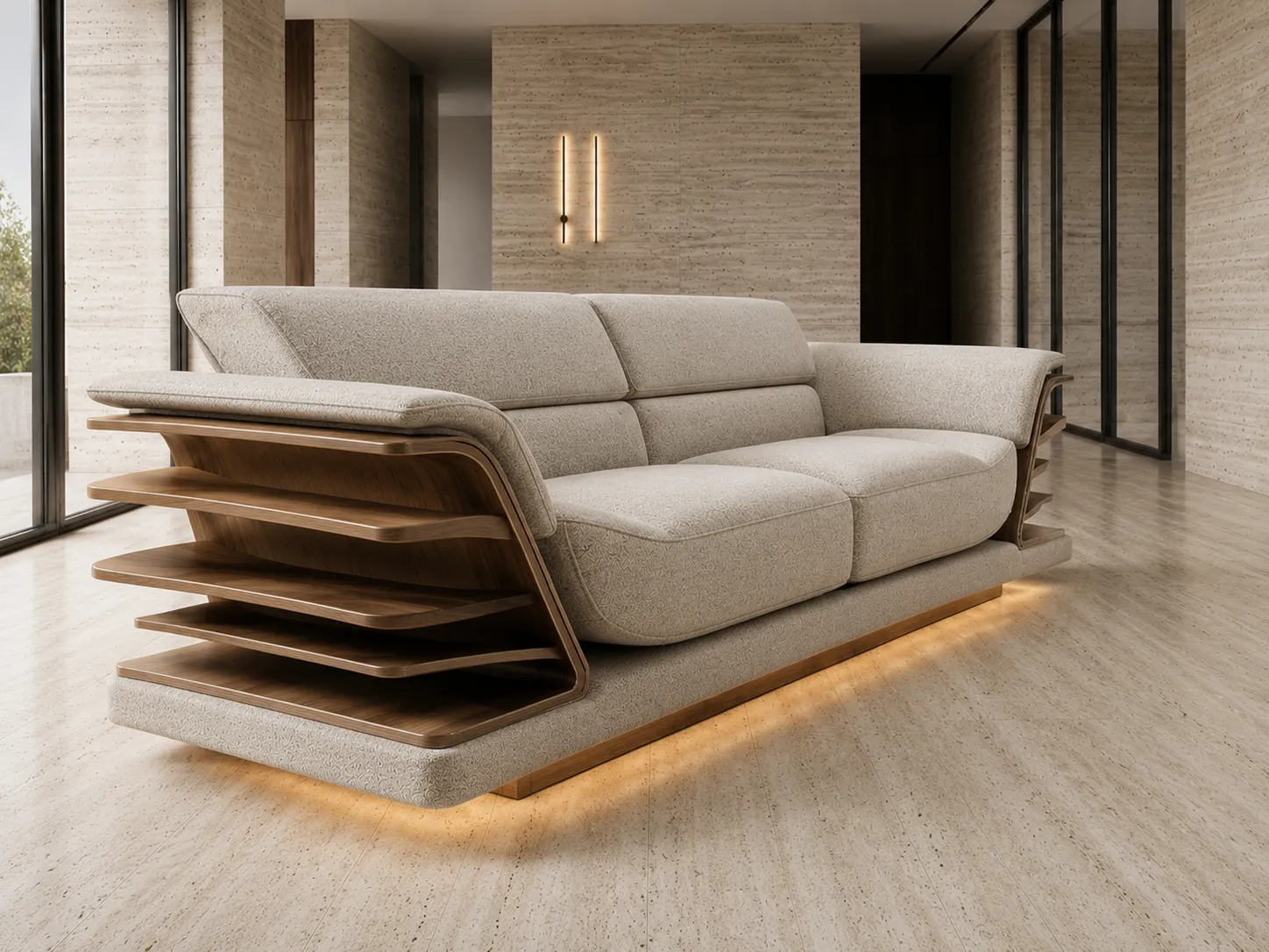 Premium Wood Shelf Armrest Sofa — Angled View | TheStarWorld