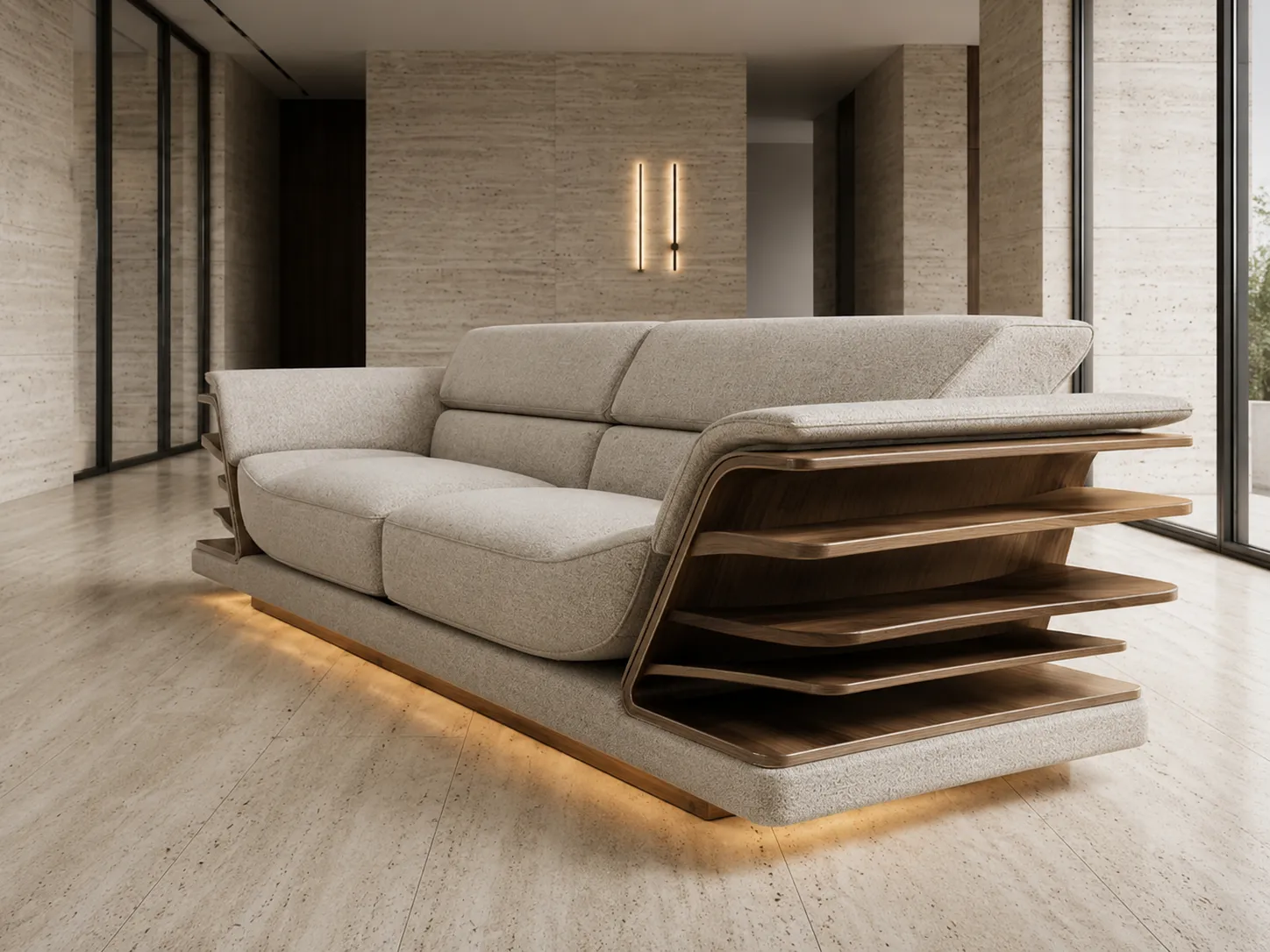 Premium Wood Shelf Armrest Sofa — Side Profile | TheStarWorld