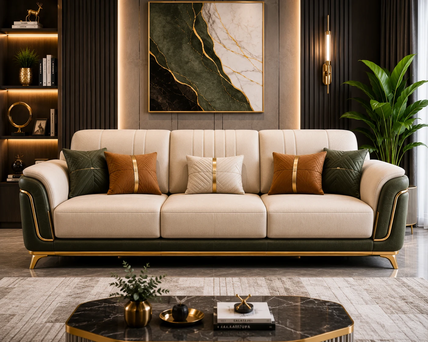 Royal Beige Green Gold Sofa - Angled View | TheStarWorld Luxury Sofa