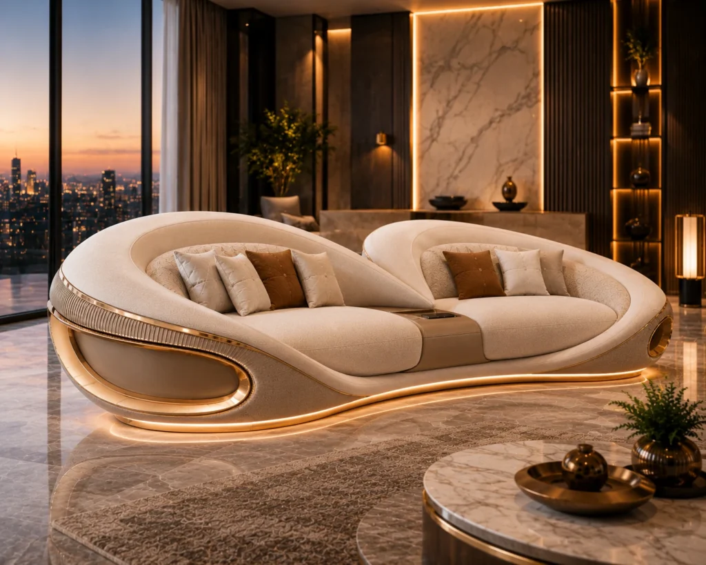 Supreme White Curved Gold Sofa - Side Profile | TheStarWorld Luxury Sofa