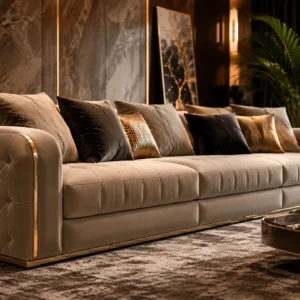 Luxury Tufted Golden Trim Sofa — Front View | TheStarWorld