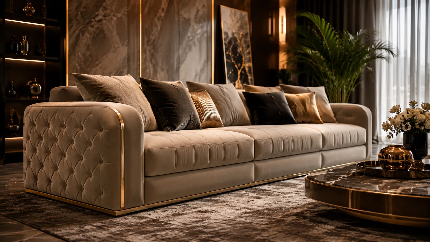 Luxury Tufted Golden Trim Sofa — Front View | TheStarWorld