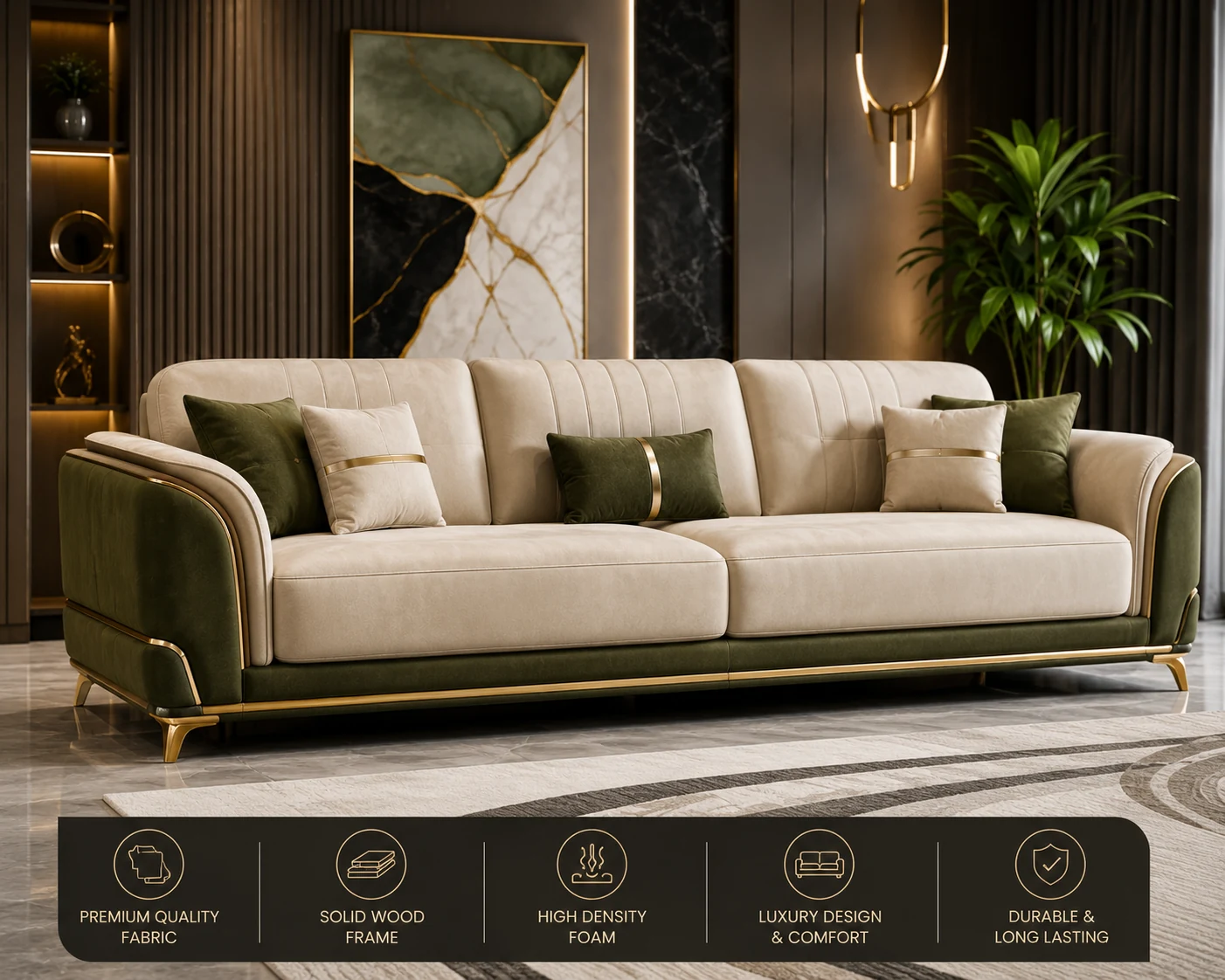 Royal Beige Green Gold Sofa - Front View | TheStarWorld Luxury Sofa